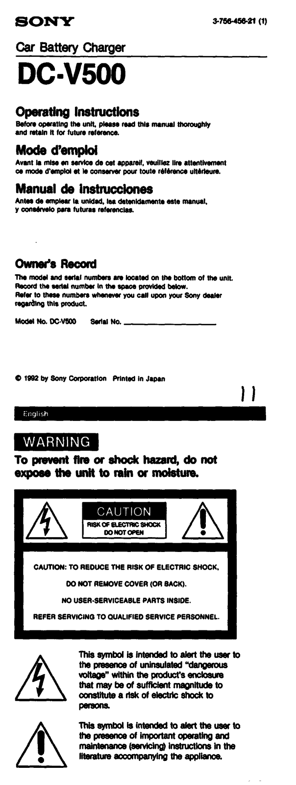 Sony DC-V500 Operating Instructions