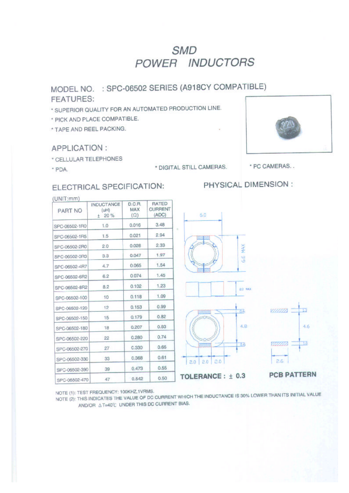 MICRO SPC-06502-4R7, SPC-06502-6R2, SPC-06502-8R2, SPC-06502-100, SPC-06502-120 Datasheet