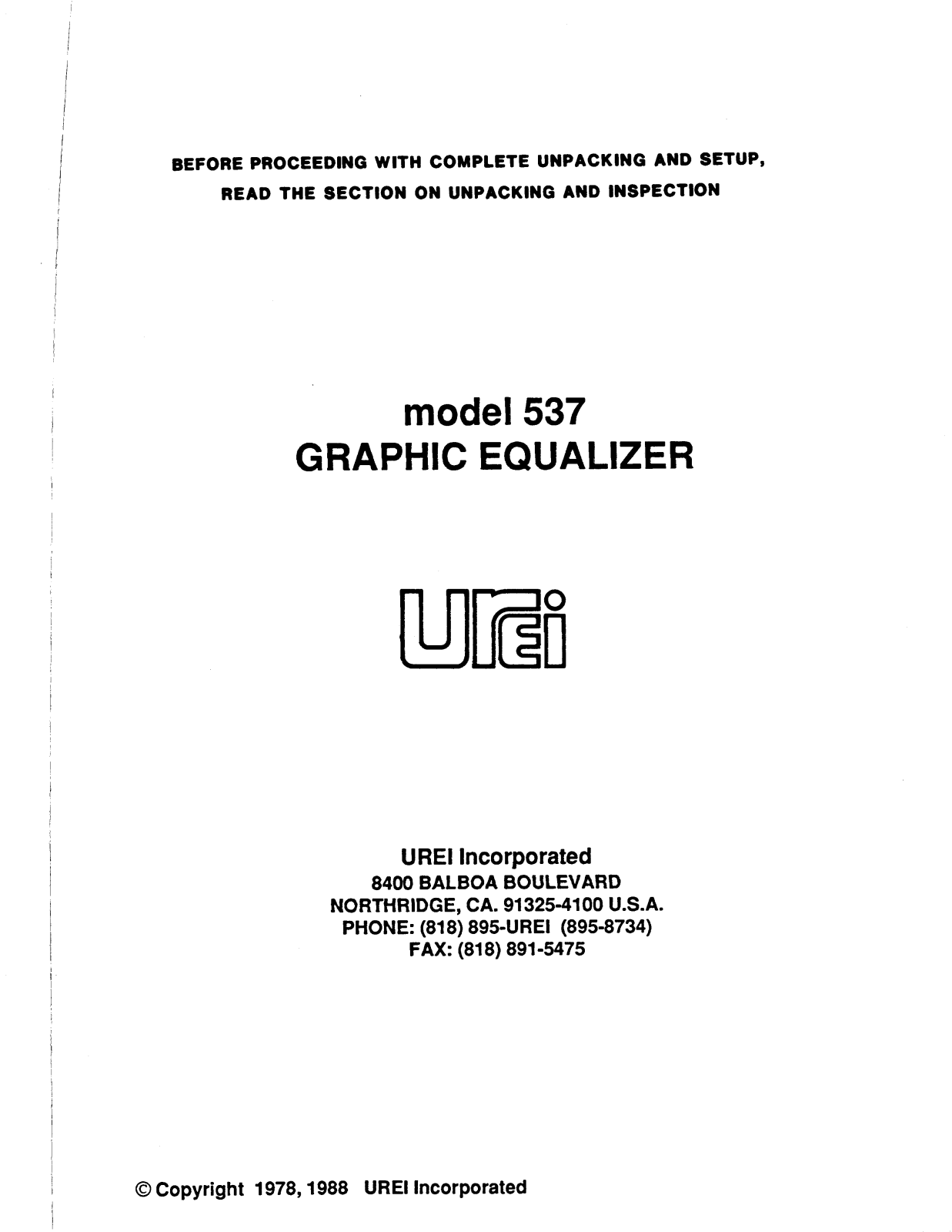 JBL UREI 537 User Manual