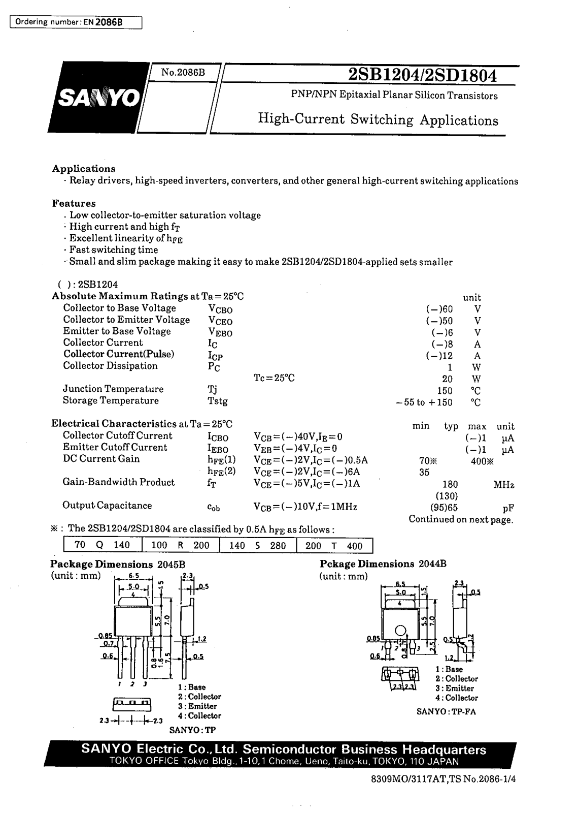 SANYO 2SD1804, 2SB1204 Datasheet