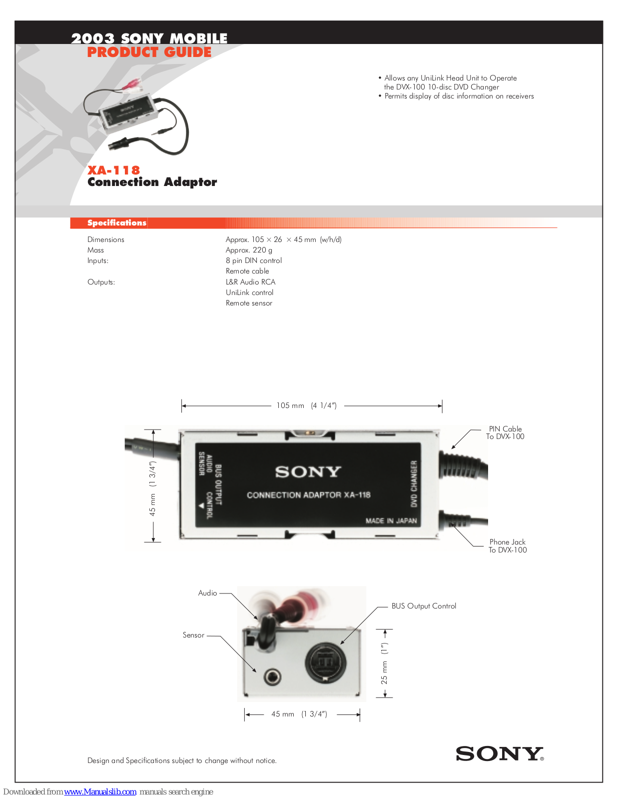 Sony XA-118 Marketing Specifications