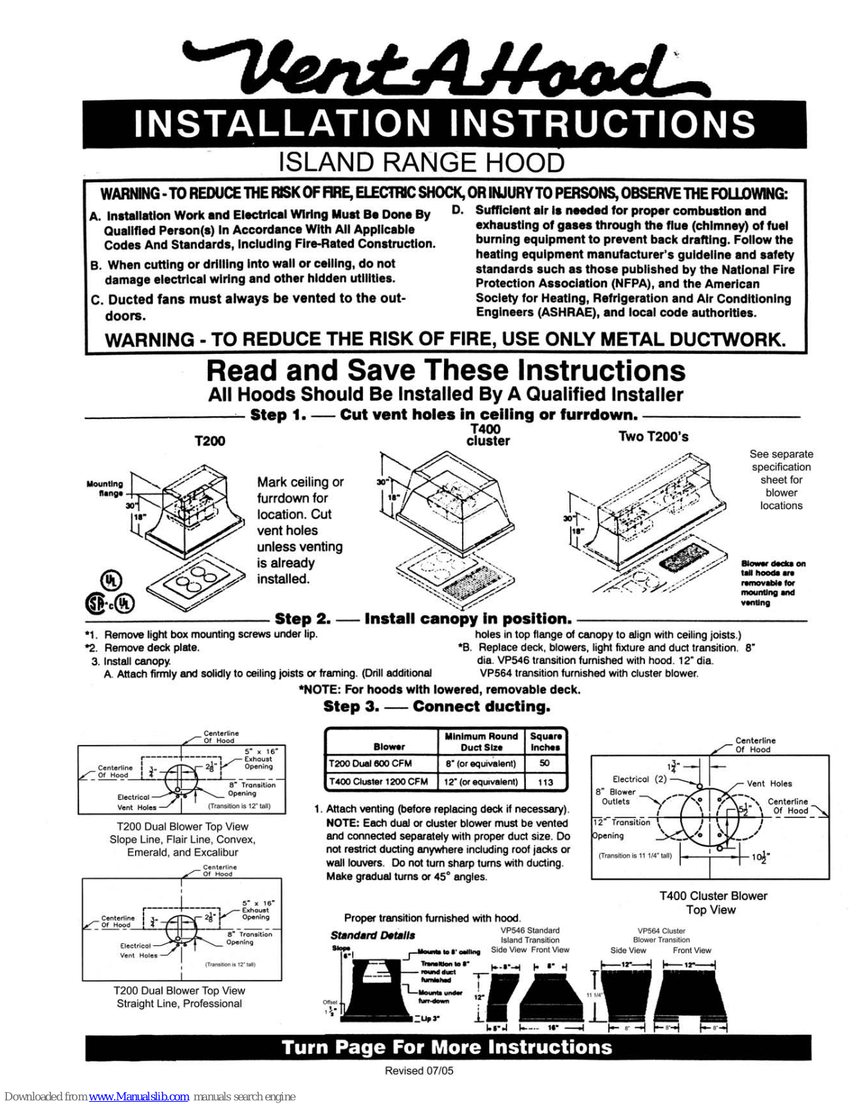 Vent-a-Hood T400, T200 Installation Instructions Manual