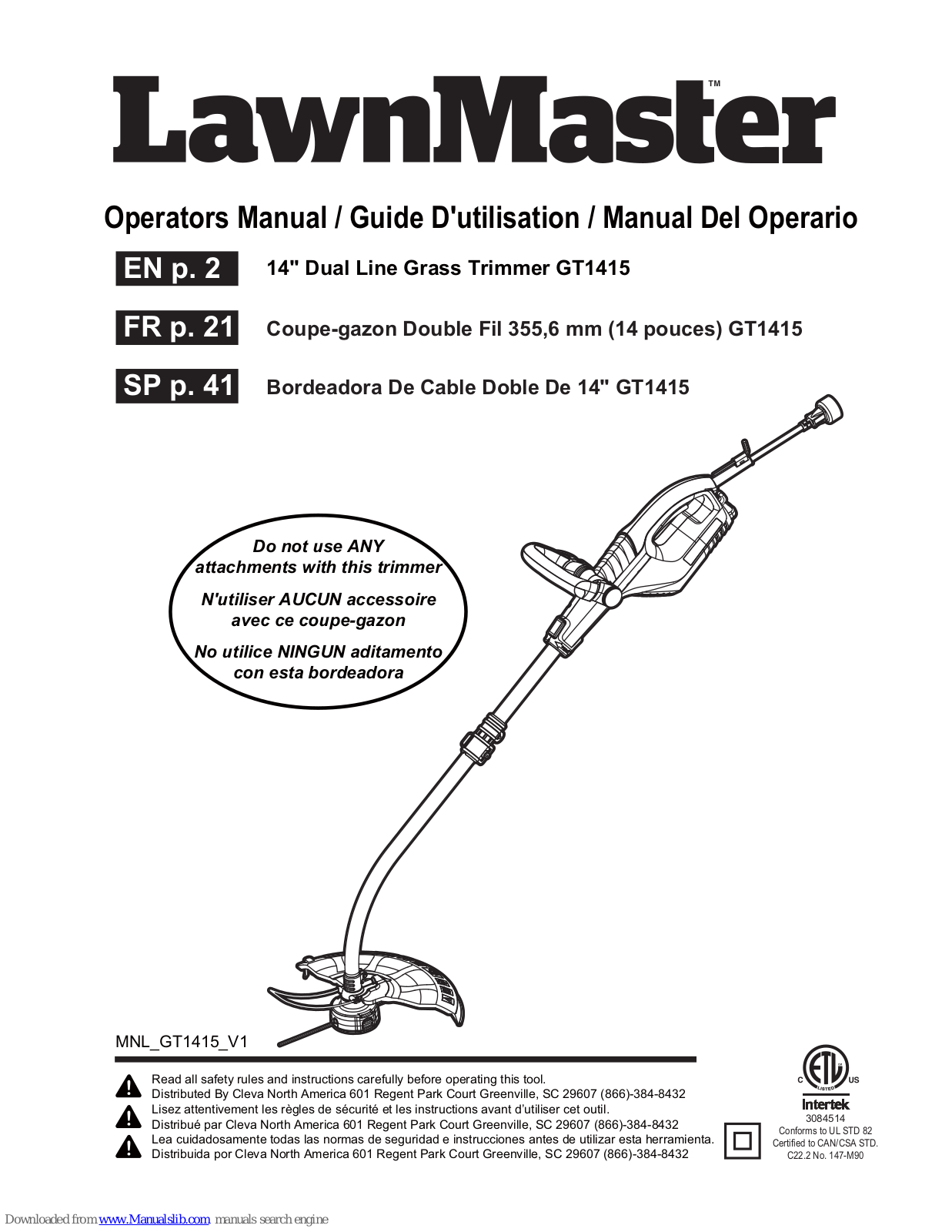 LawnMaster GT1415 Operator's Manual