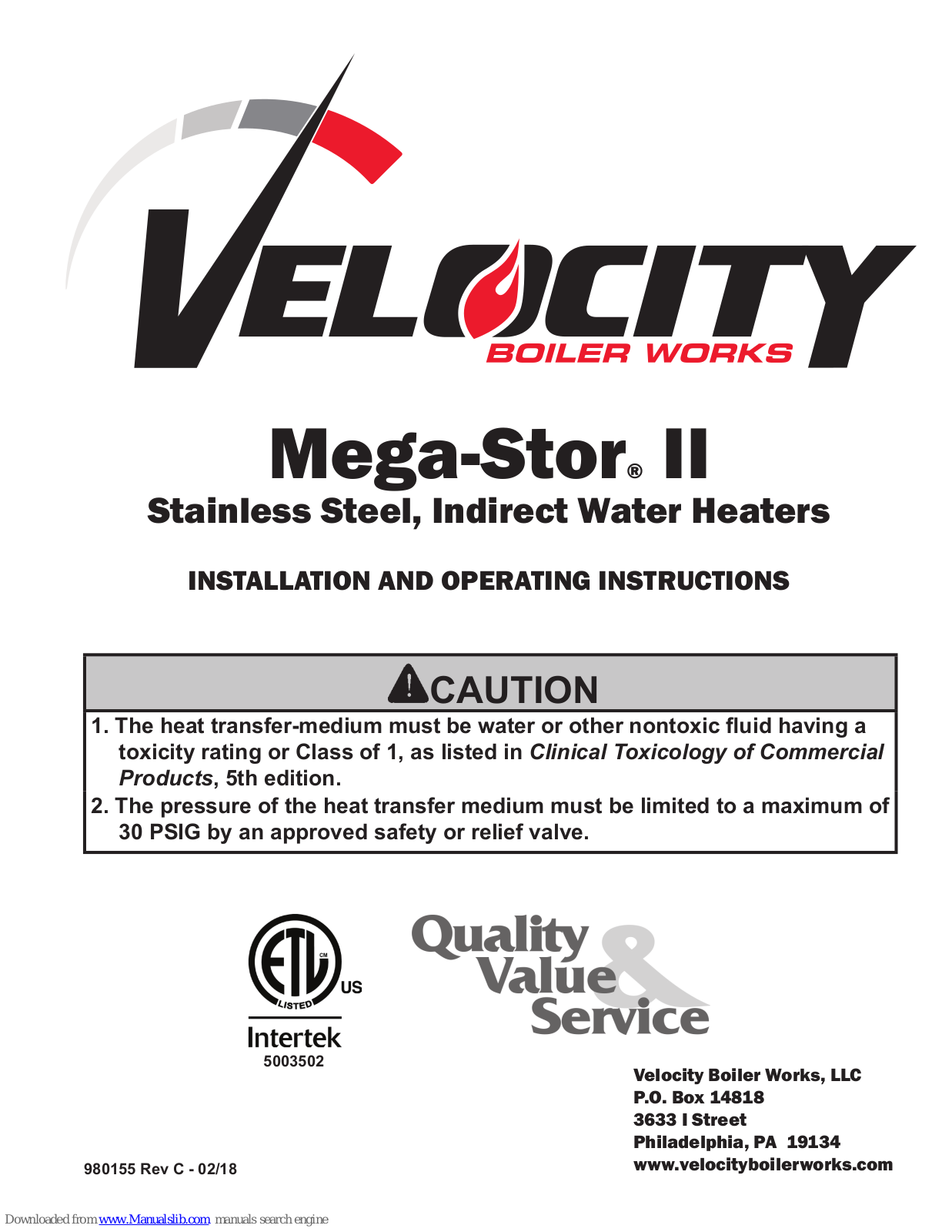 Velocity MS2-030, MS2-040, MS2-050, MS2-075, MS2-119 Installation And Operation Instructions Manual