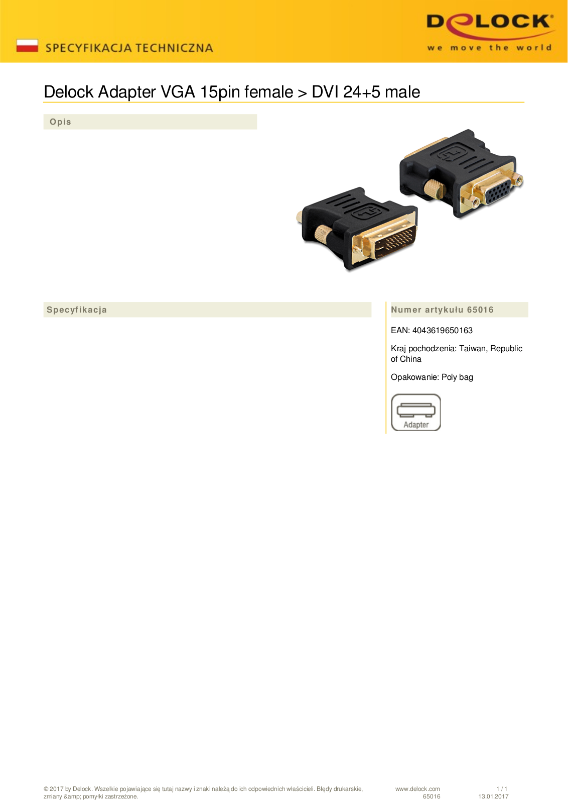 DeLOCK VGA on DVI-I adapter User Manual