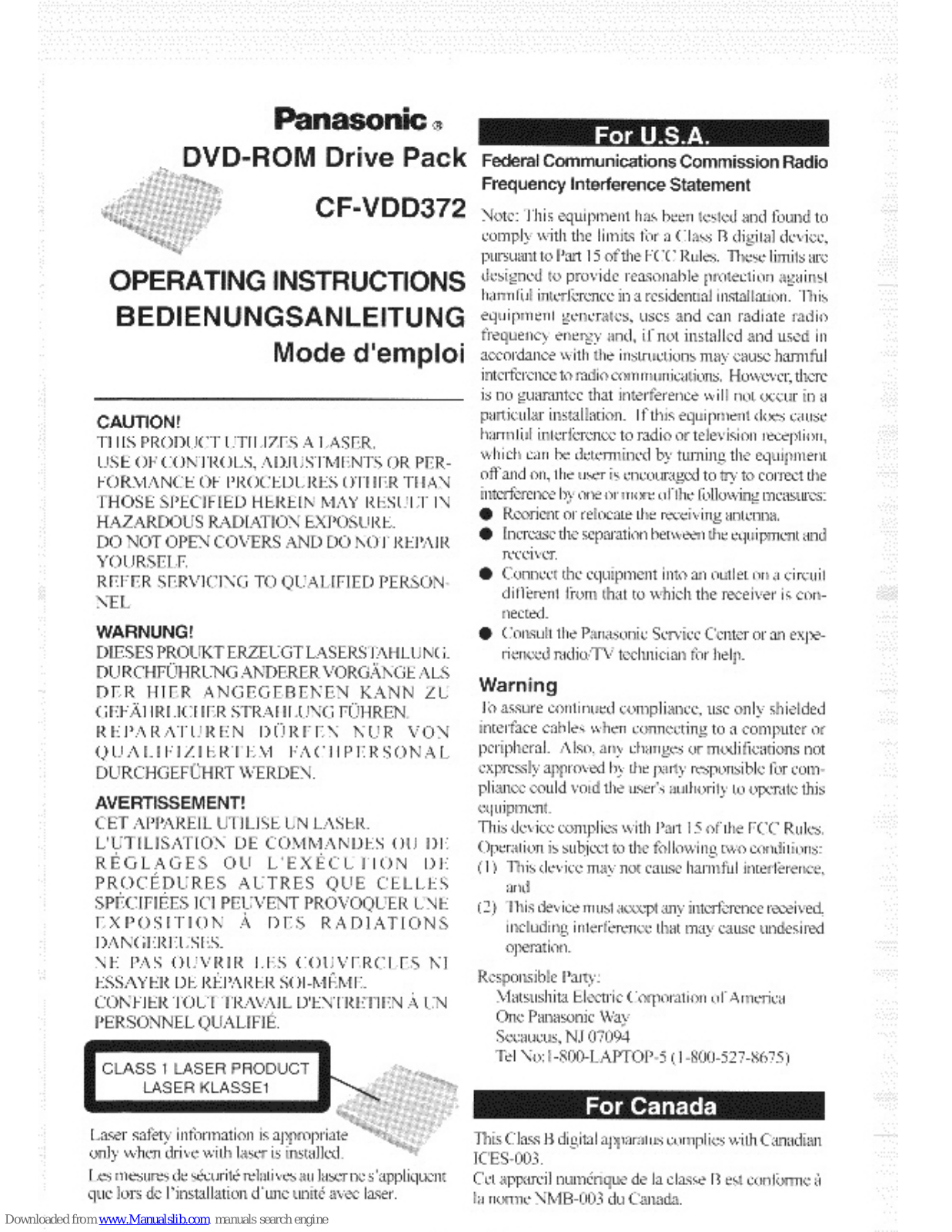 Panasonic CF-VDD372M, CF-VDD372, CF-VDD372Z Operating Instructions Manual