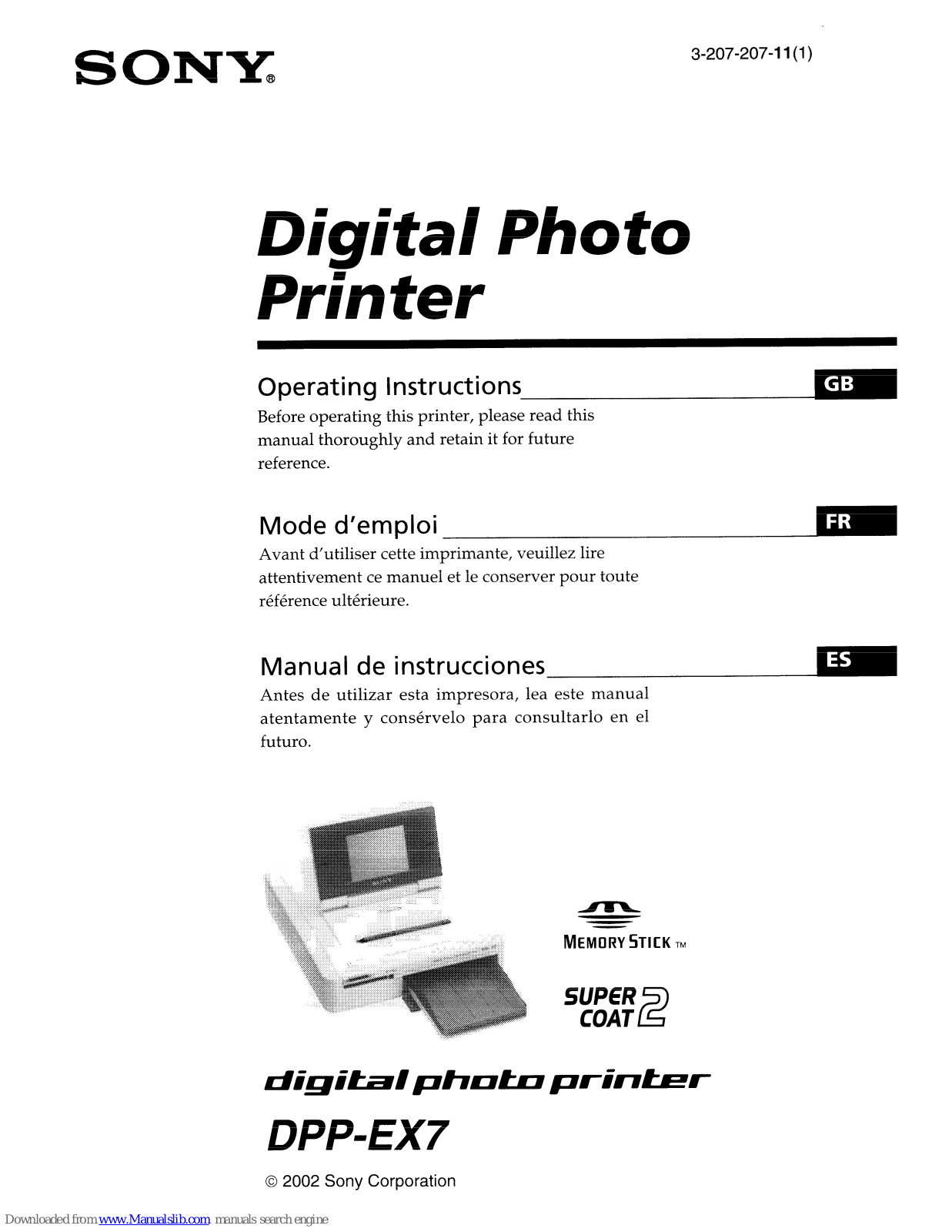 Sony digital photo printer DPP-EX7 Operating Instructions Manual