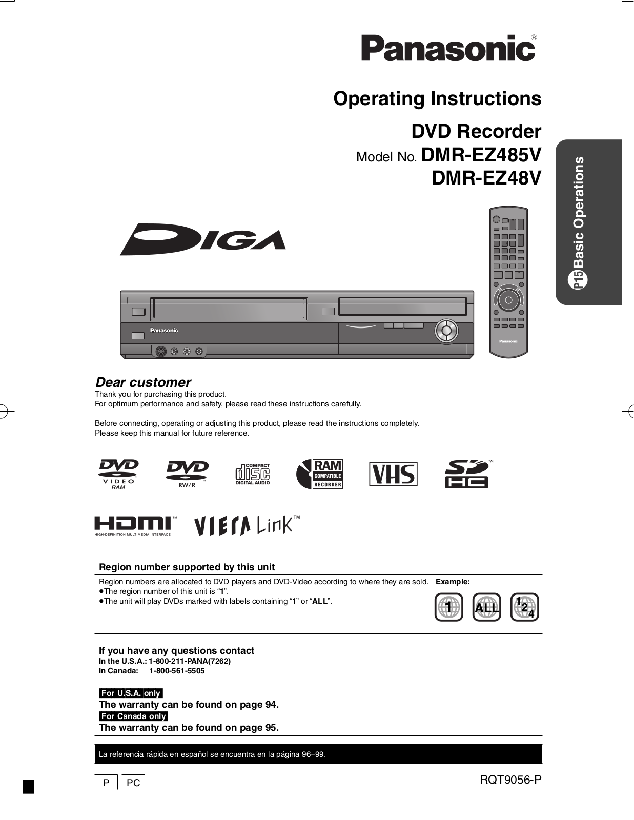 Panasonic DMR-EZ485VK Operation Manual