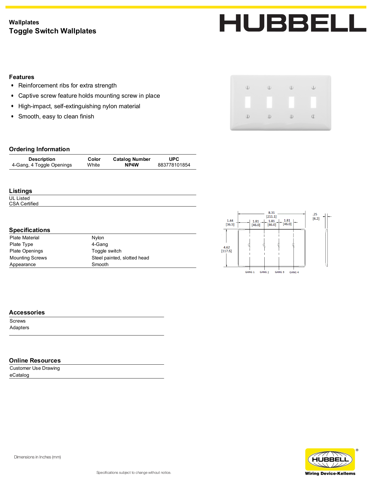 Hubbell NP4W Specifications