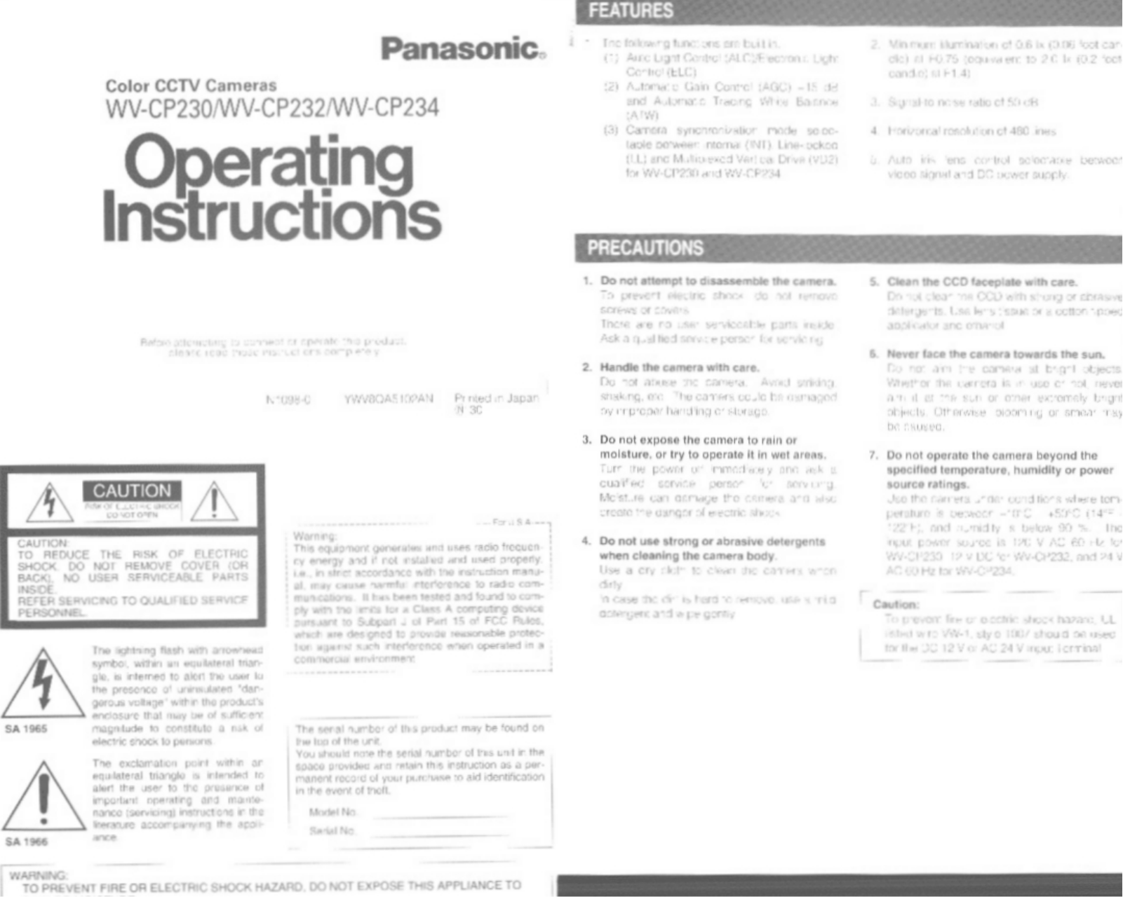 Panasonic wv-cp230 Operation Manual