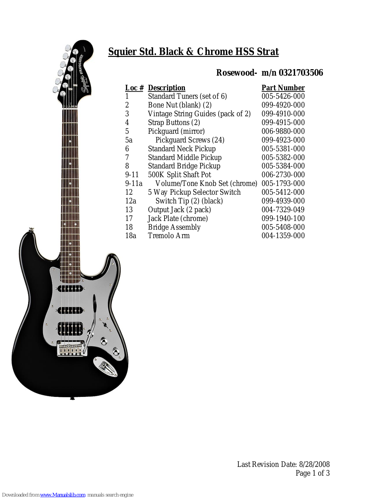Squier Standard HSS Strat, Standard Black & Chrome HSS Strat Specifications - ManualMachine.com