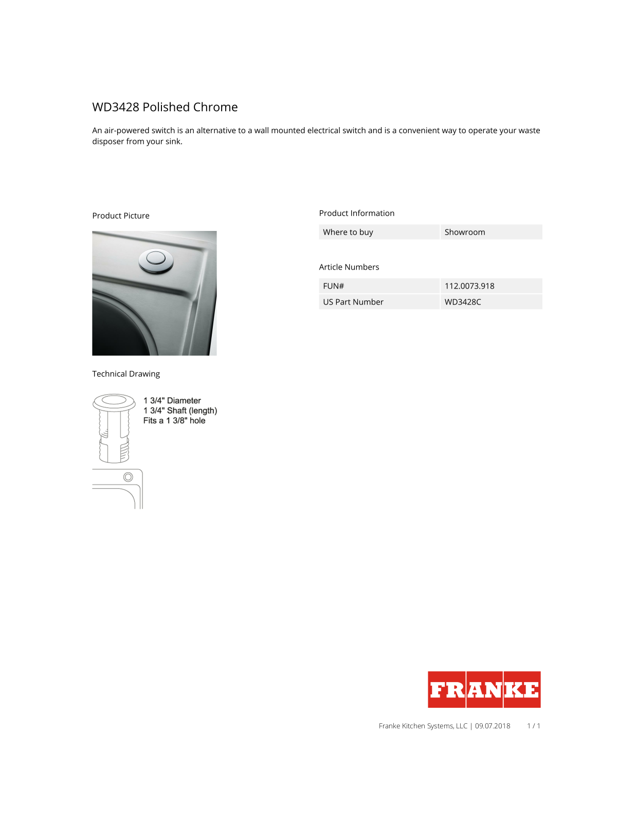 Franke WD3428C Specification Sheet