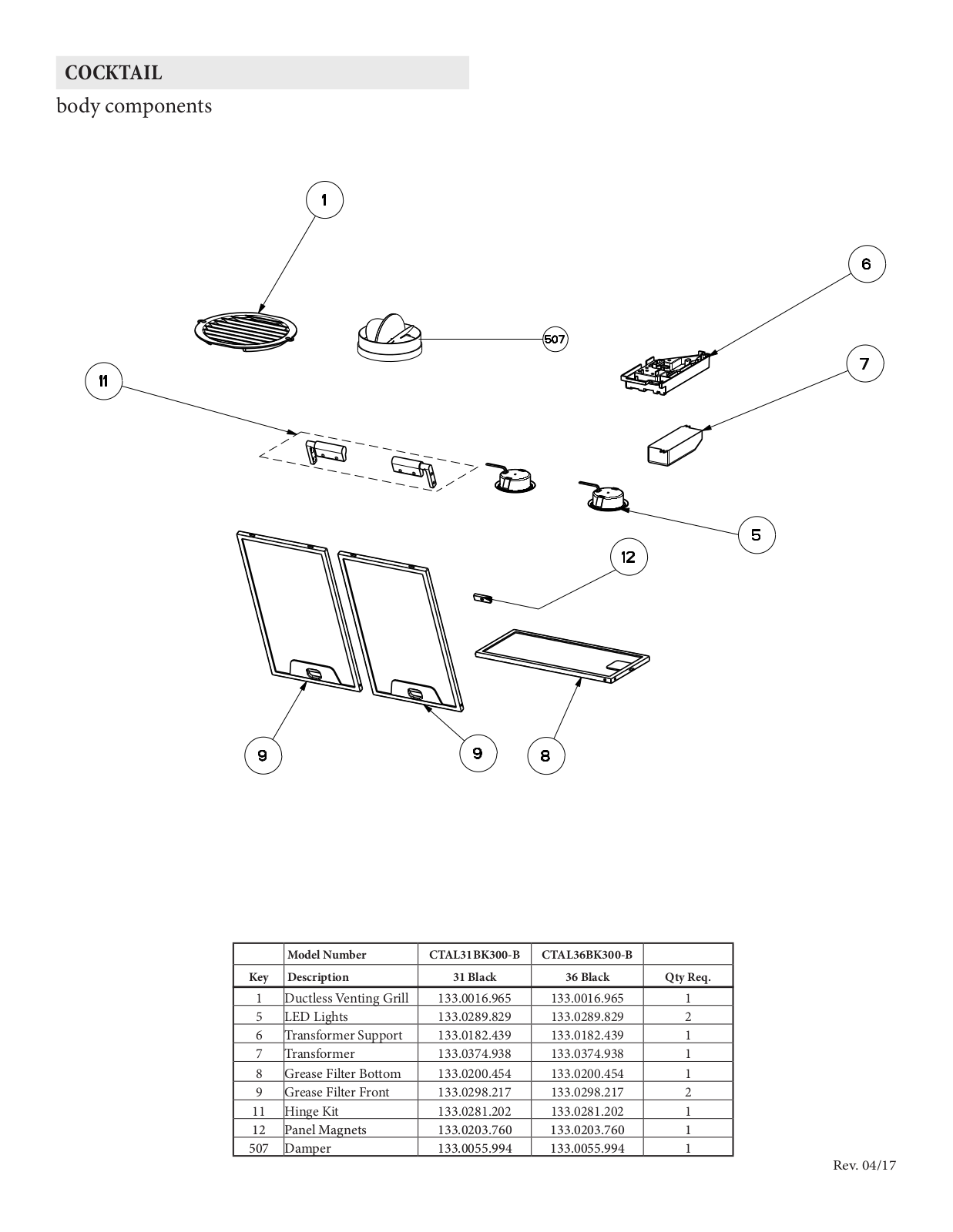 Faber CTAL36BK300B, CTAL31BK300B Parts List