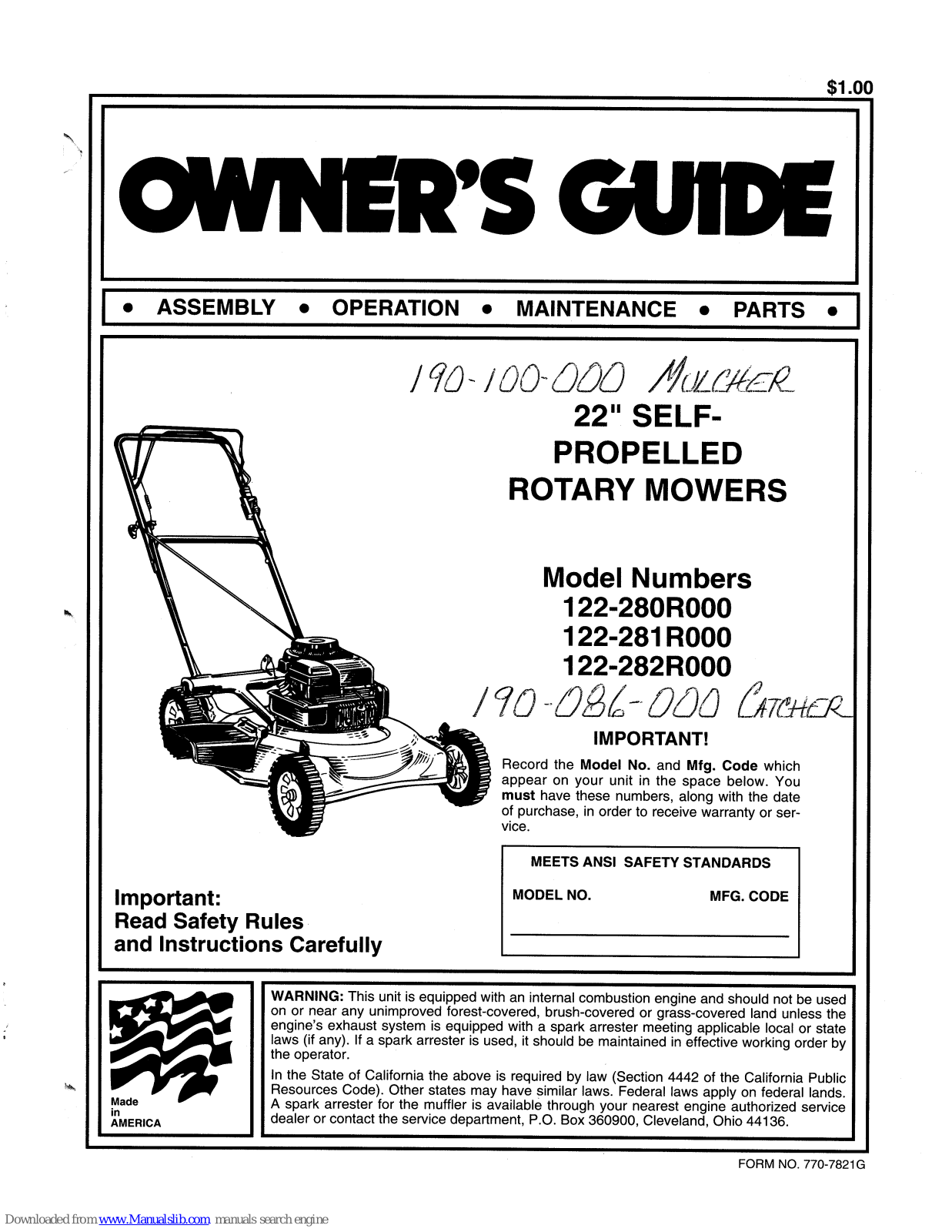 MTD 122-280R000, 122-281R000, 122-282R000 Owner's Manual