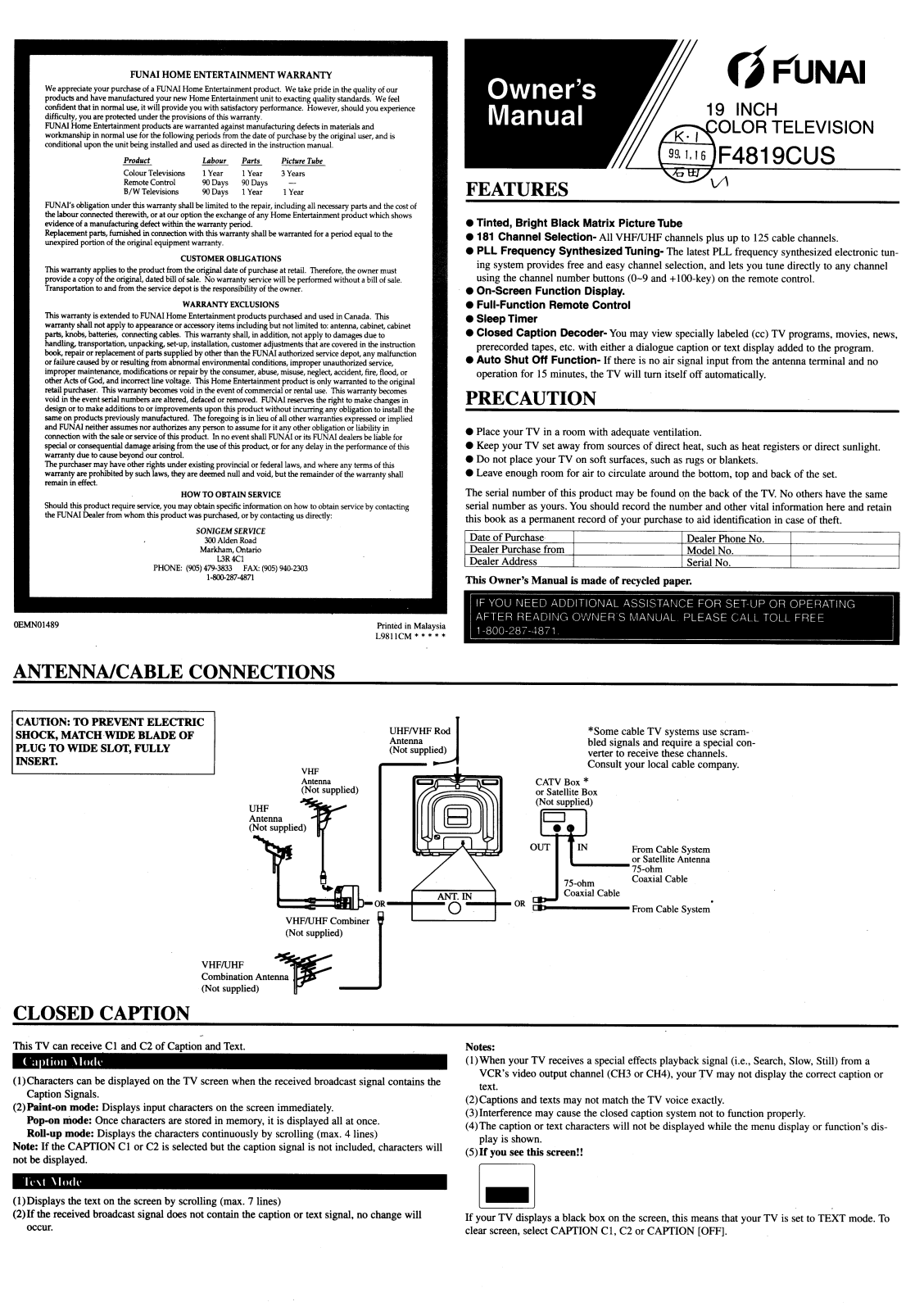 FUNAI F4819CUS User Manual