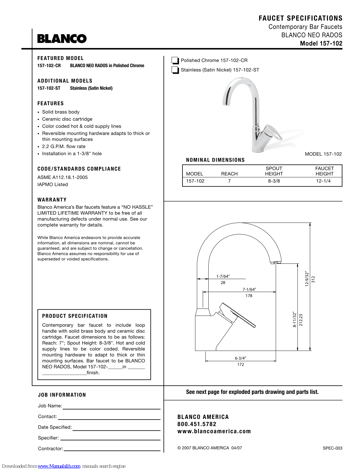 Blanco 157-102-CR, 157-102-ST Specifications - ManualMachine.com