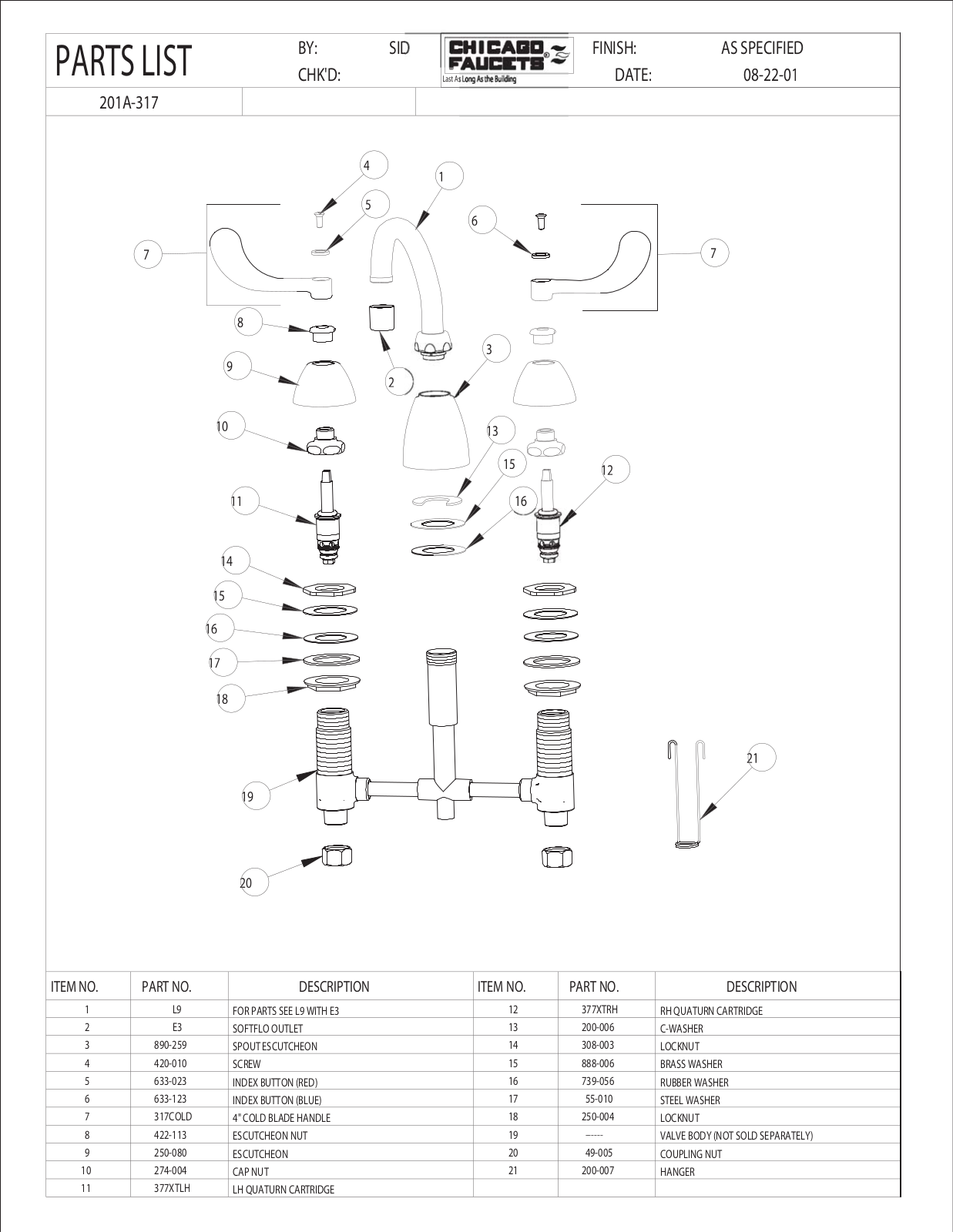 Chicago Faucet 201-A317 Parts List