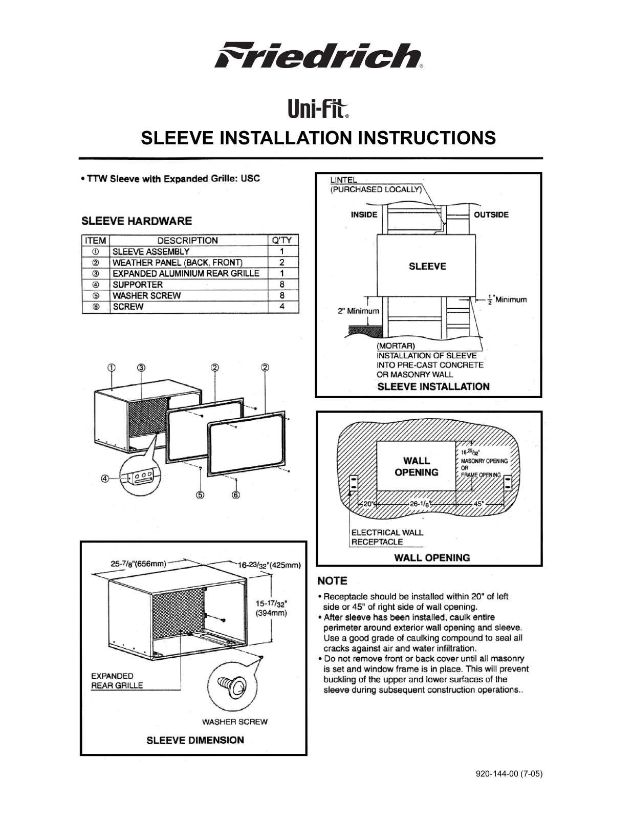 Friedrich US12D10C Installation Manual