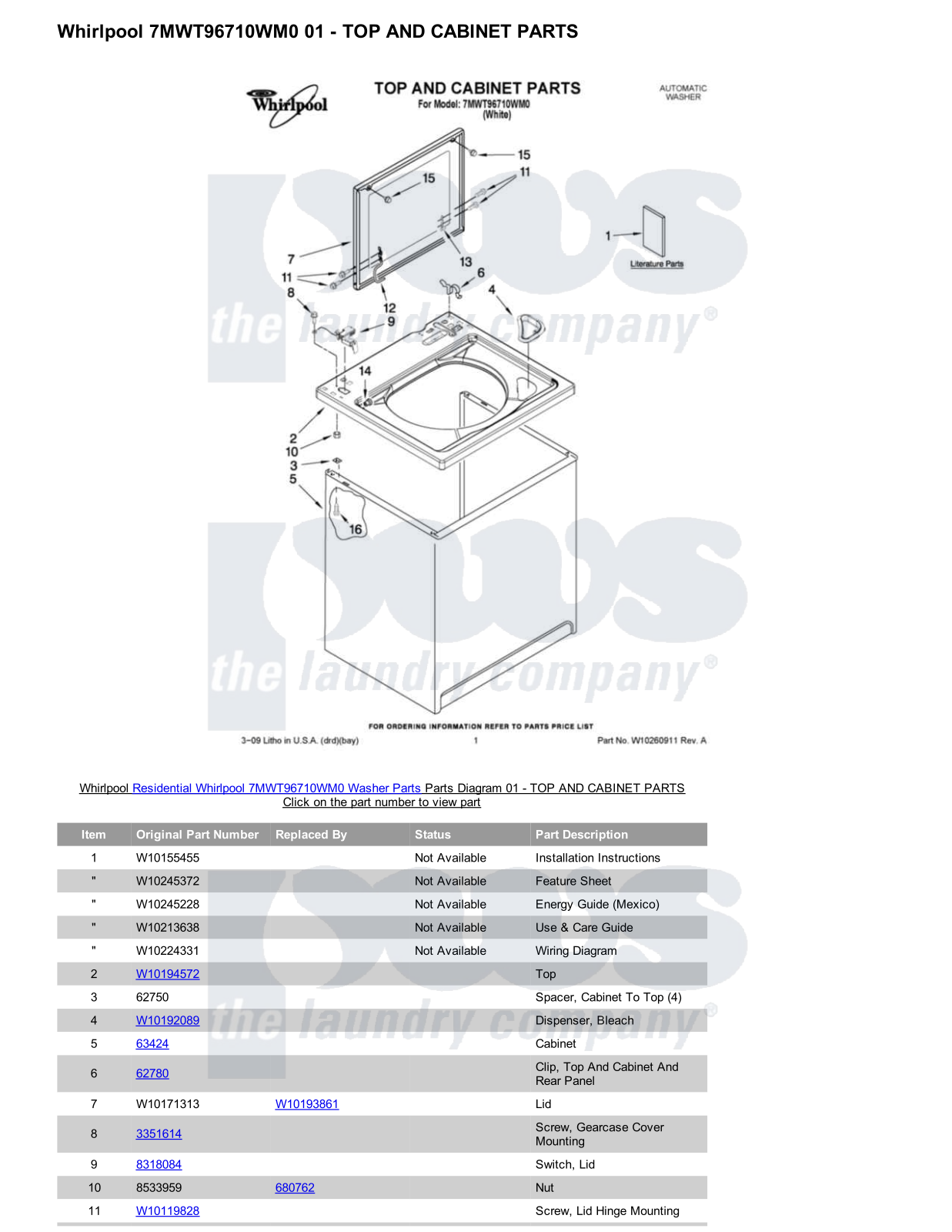 Whirlpool 7MWT96710WM0 Parts Diagram