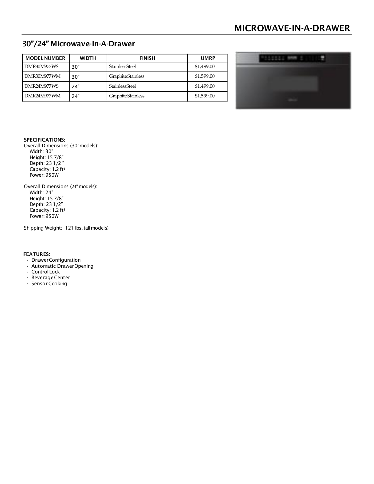 Dacor DMR30M977WS, DMR30M977WM, DMR24M977WS, DMR24M977WM Specification Sheet