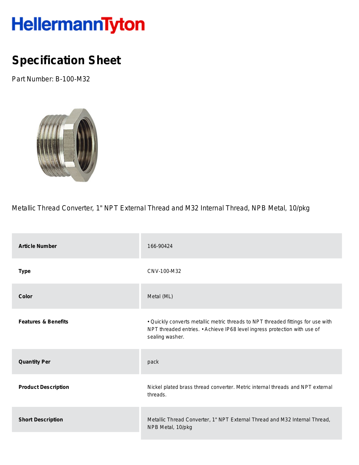 HellermannTyton B-100-M32 Specification Sheet