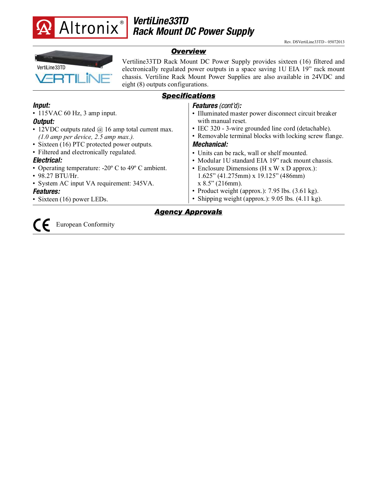 Altronix VertiLine33TD Data Sheet