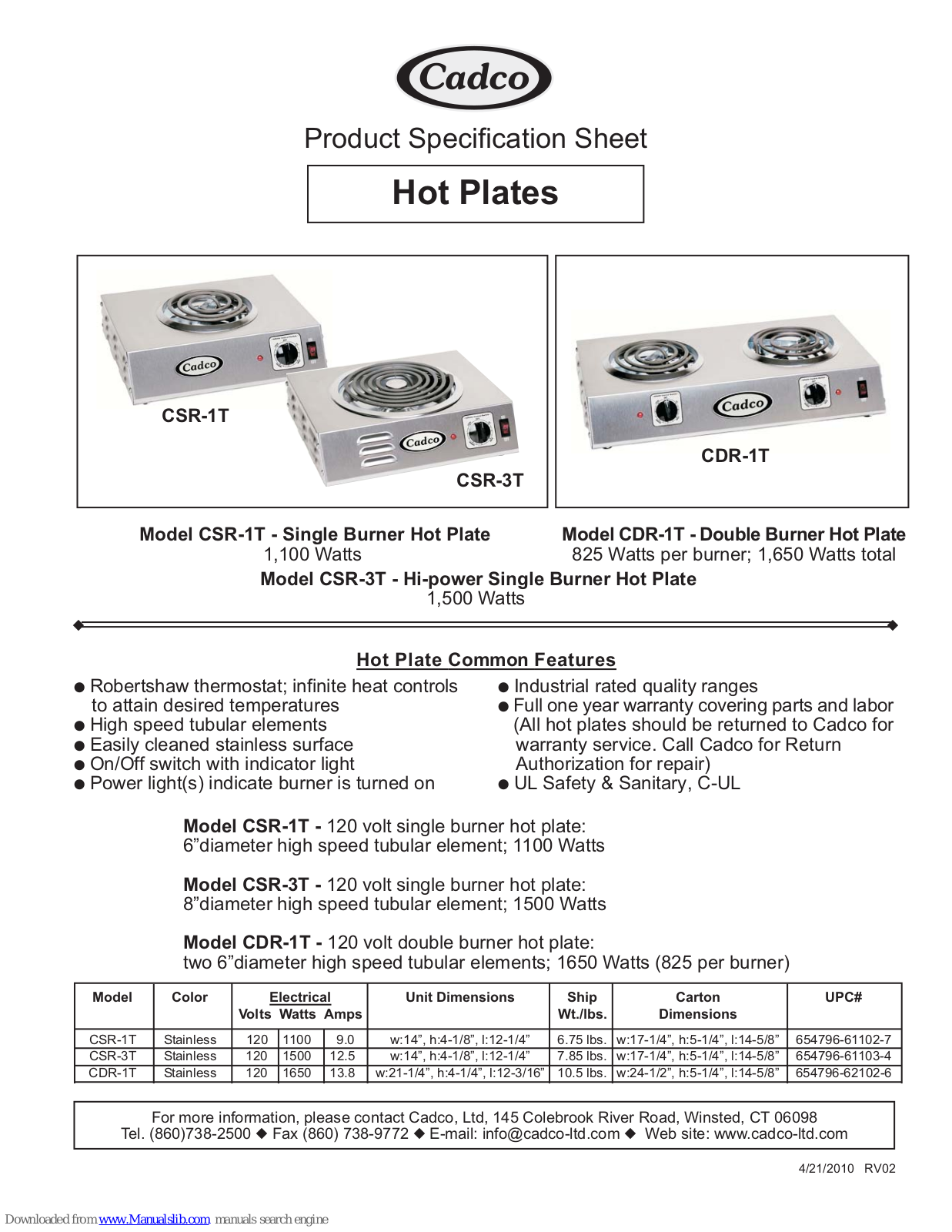 Cadco HOT PLATES CDR-1T, CSR-1T, CSR-3T Product Specification Sheet