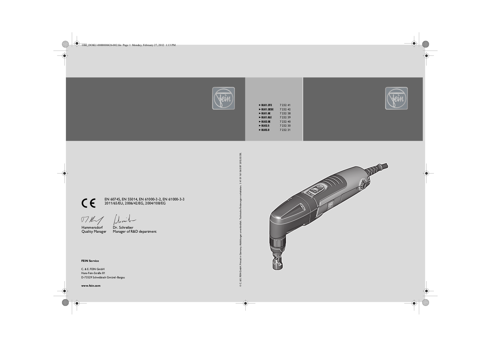 Fein BLK1.3TE, BLK1.3CSE, BLK1.6E, BLK1.6LE, BLK2.0E User guide