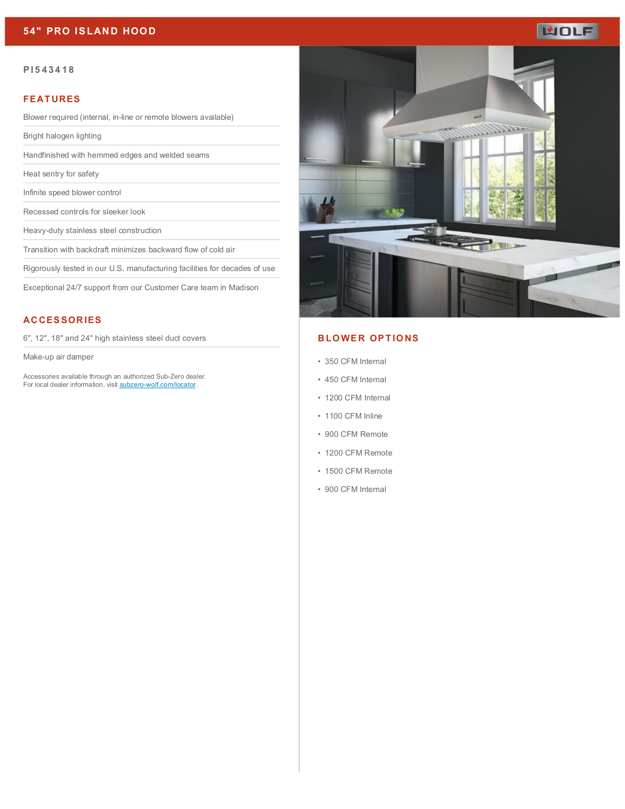 Wolf PI543418 Specification Sheet