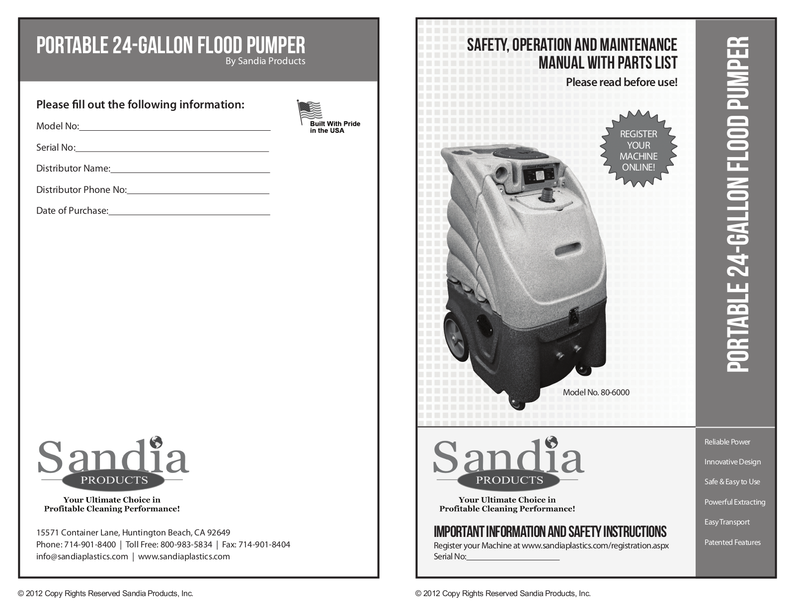 Sandia 24-Gallon Portable Flood Pumper User Manual