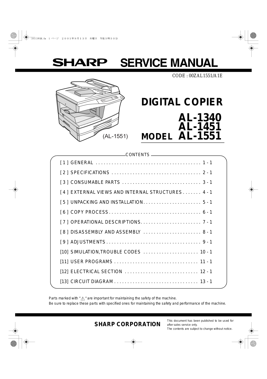 SHARP AL1340, AL1451, AL1551 Service Manual