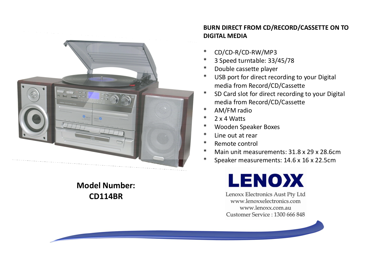 Lenoxx CD114BR Specifications Sheet