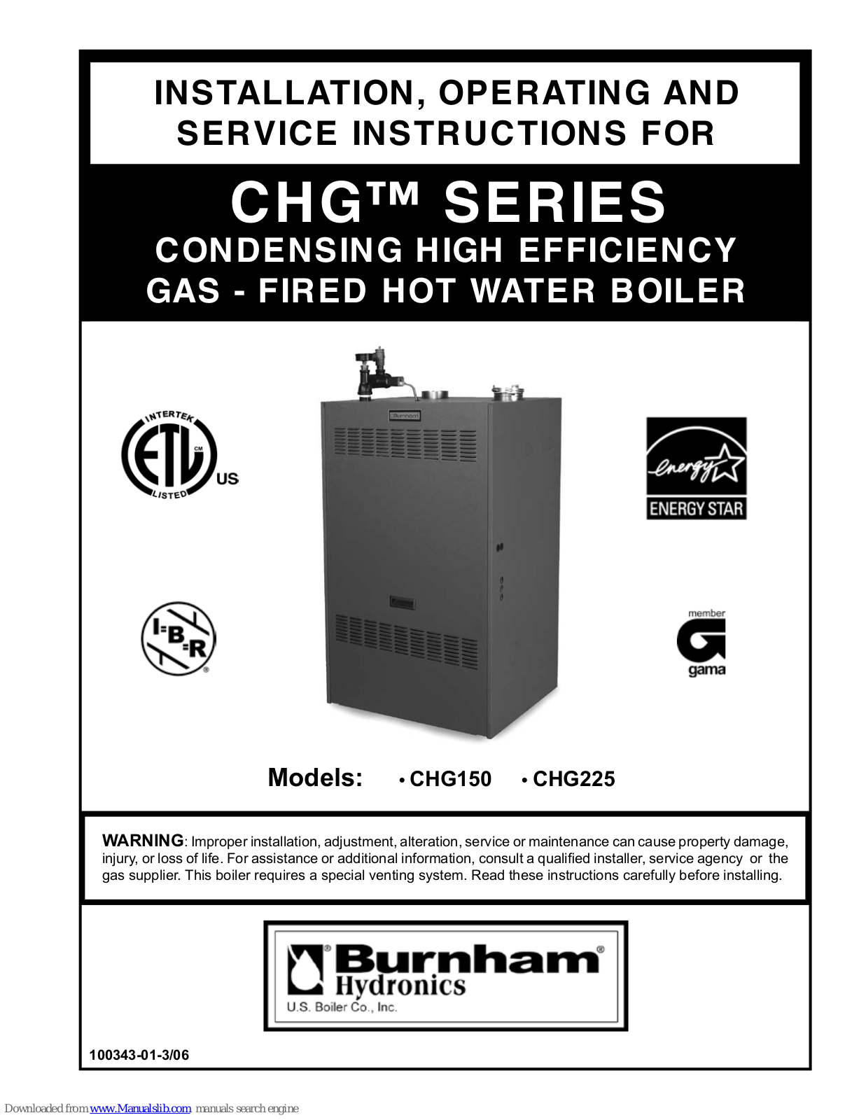 Burnham CHG CHG225, CHG CHG150, CHG150, CHG225 Installation & Operation Manual