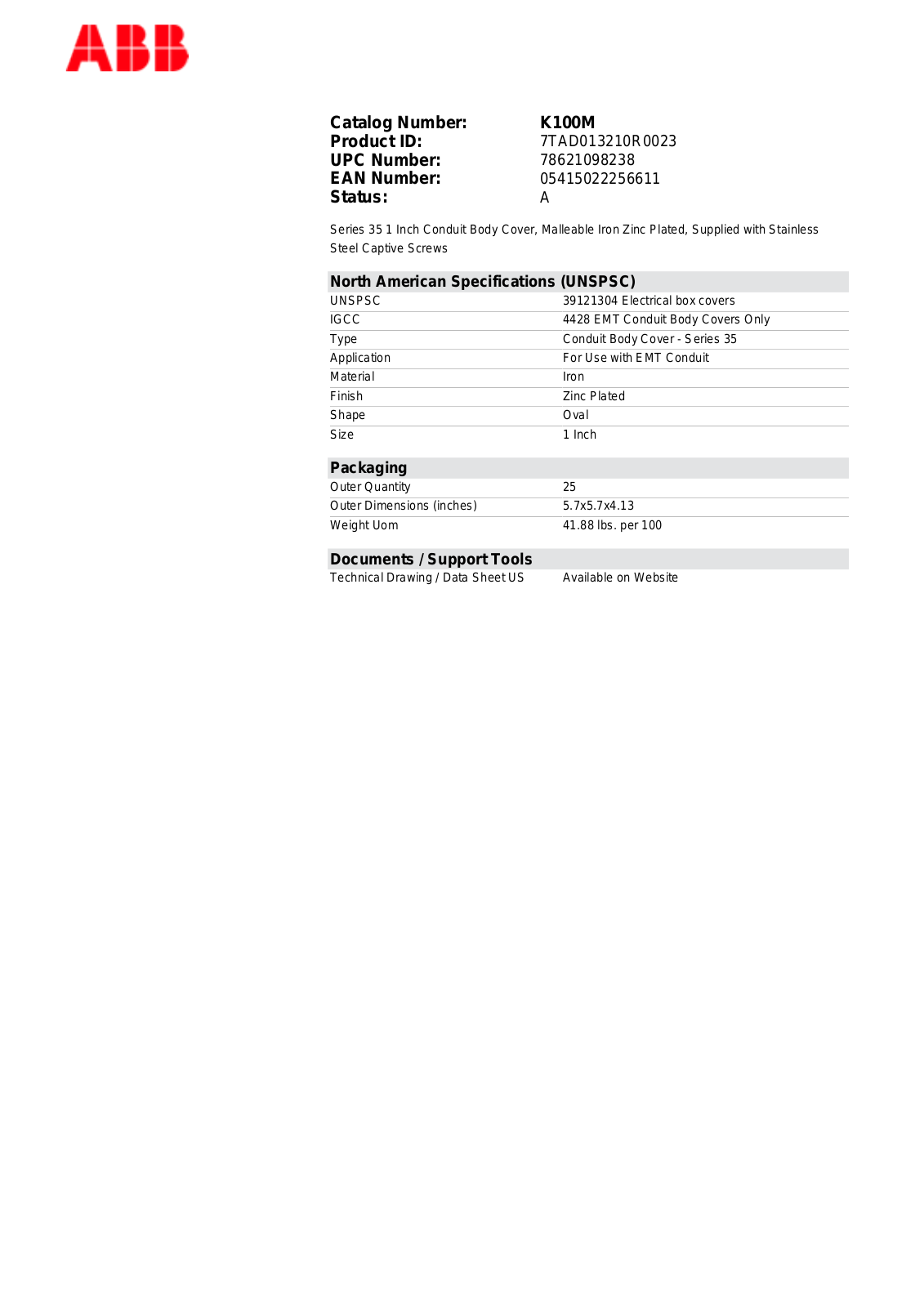 Thomas & Betts K100M Data Sheet