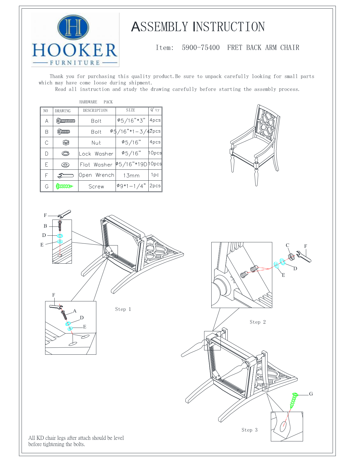 Hooker Furniture 590075400WH Assembly Guide