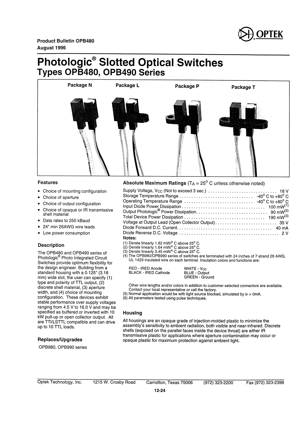 OPTEK OPB480L51, OPB480N11, OPB480P11, OPB480T11, OPB480T51 Datasheet