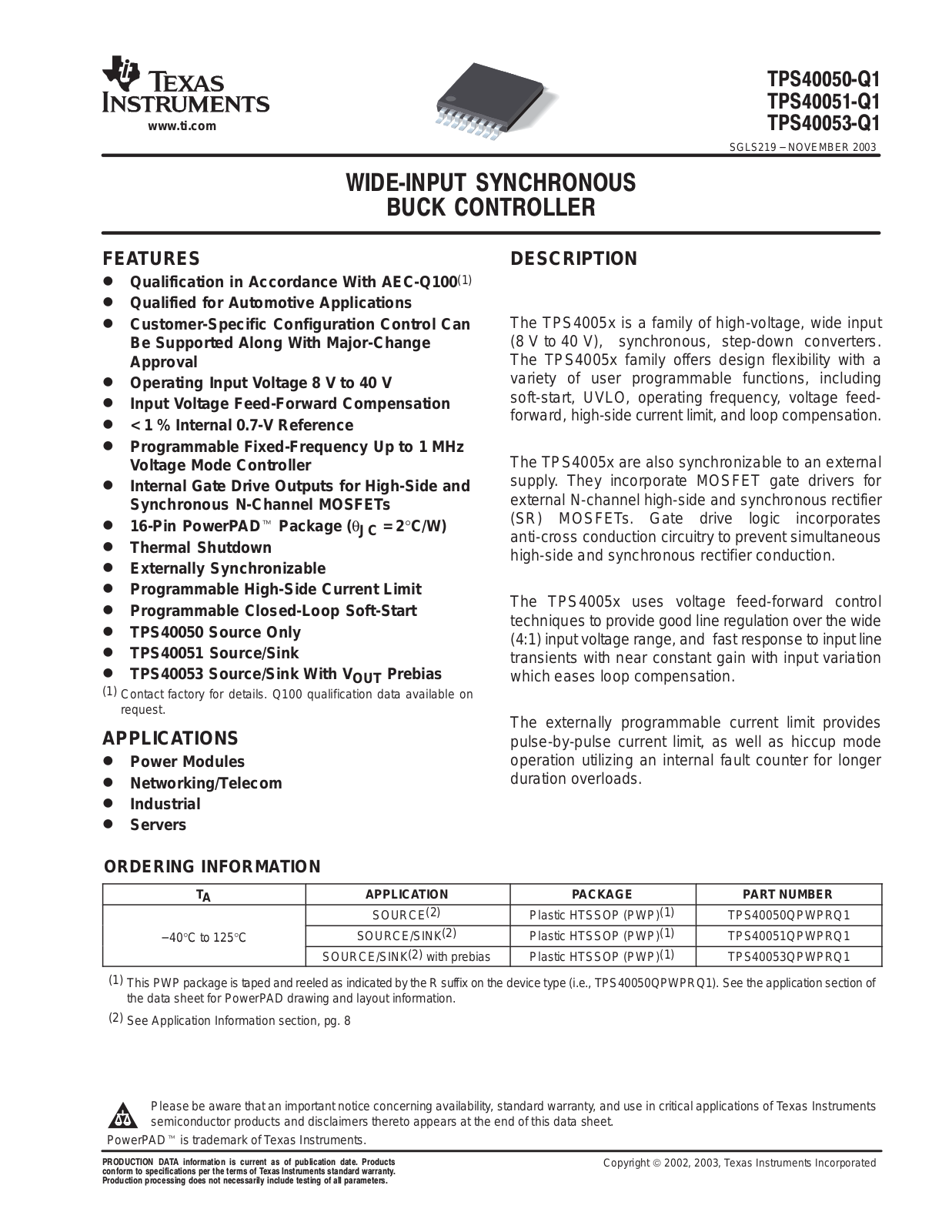 TEXAS INSTRUMENTS TPS40050-Q1 Technical data