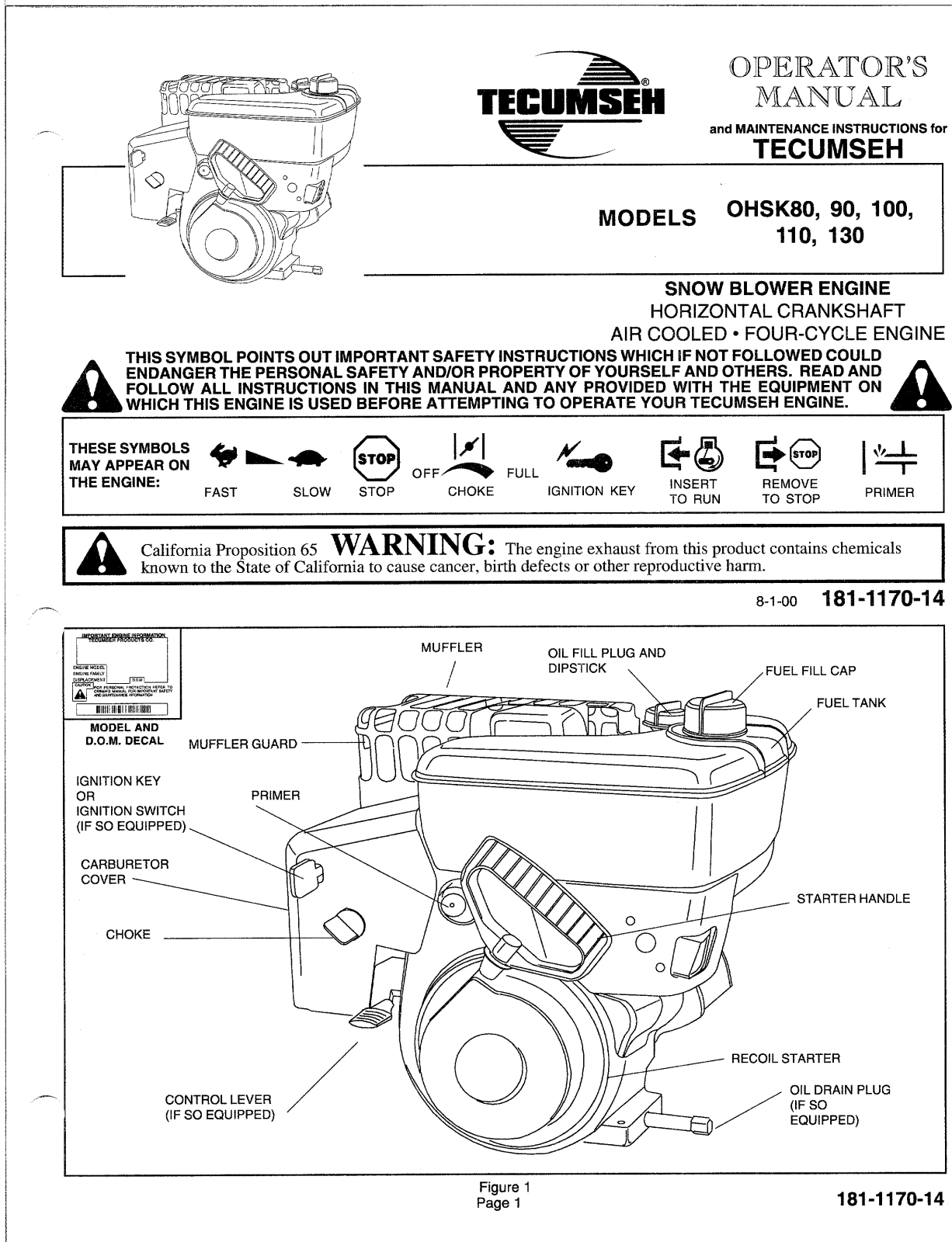 Tecumseh 100, OHSK80, 90, 110, 130 User Manual