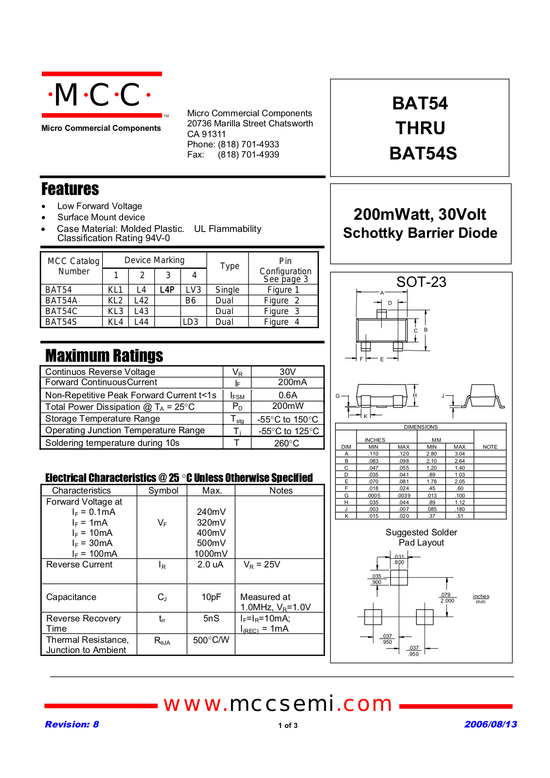 Micro Commercial Components BAT54, BAT54S Technical data