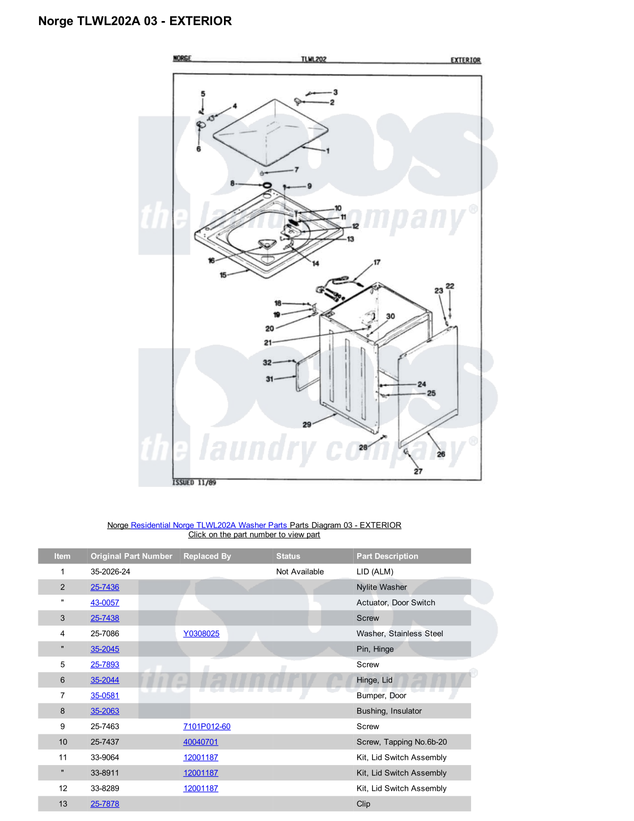 Norge TLWL202A Parts Diagram