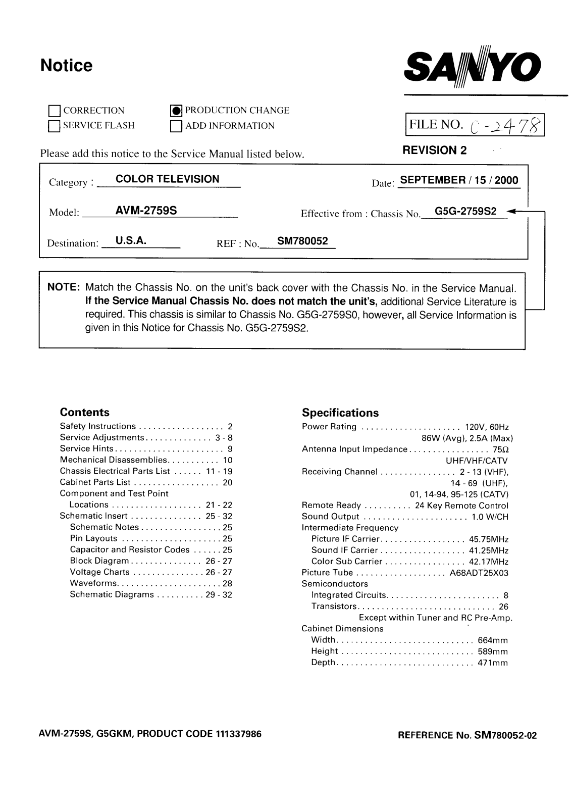 SANYO AVM2759S Service Manual