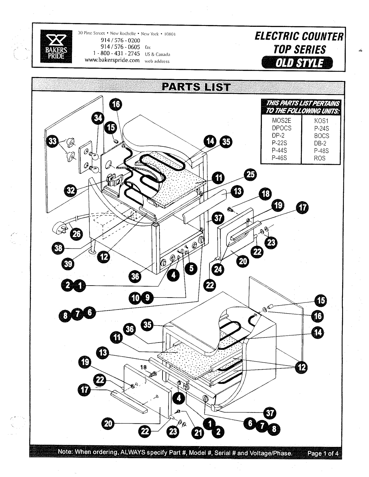 Bakers Pride BOCS Parts List