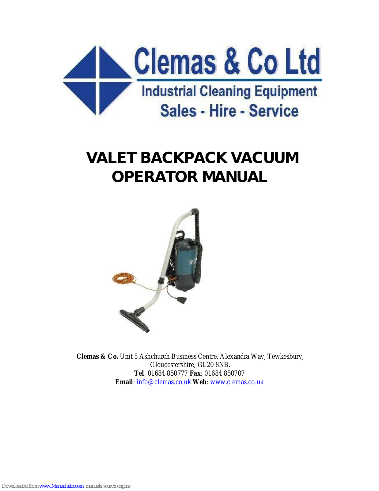 Clemas & Co VBP, VALET BACKPACK VACUUM Operator's Manual