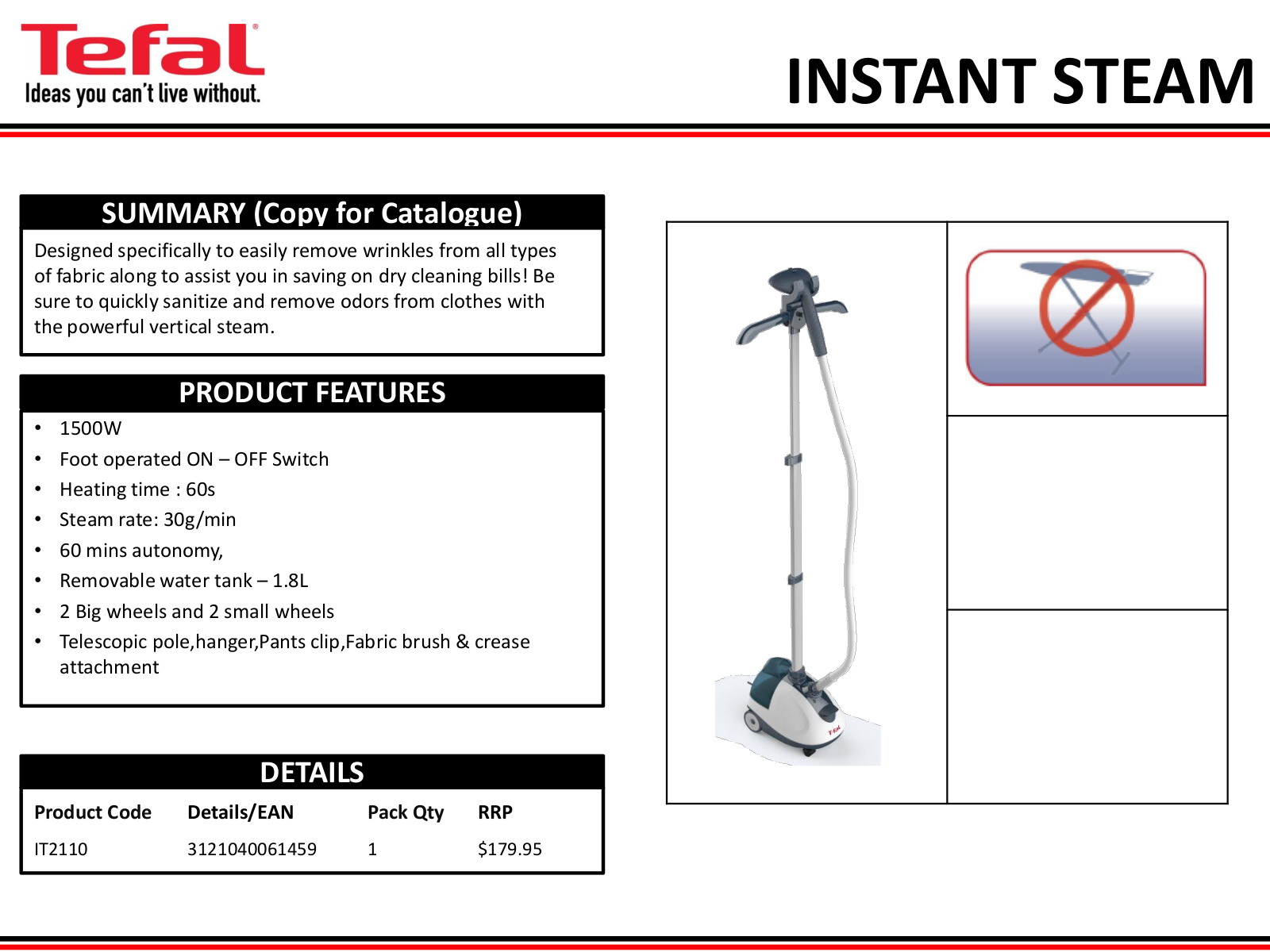 Tefal IT2110 Specifications Sheet