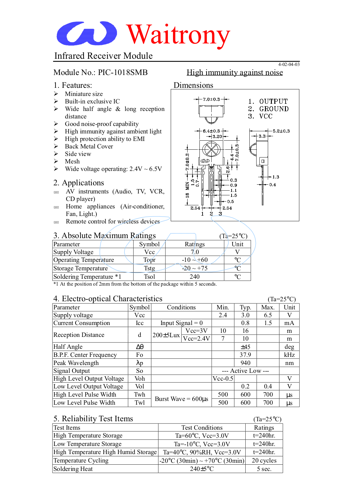 WAITRONY PIC-1018SMB Datasheet