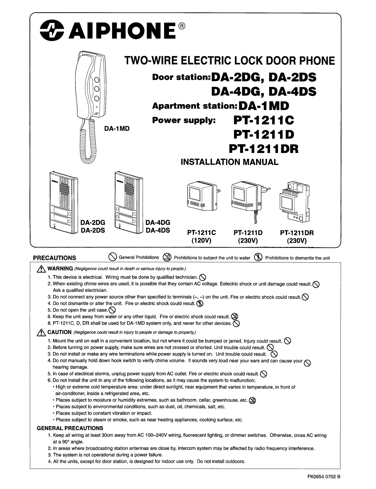 Aiphone DA-2DG, DA-4DG, DA-1MD, DA-2DS, DA-4DS User Manual