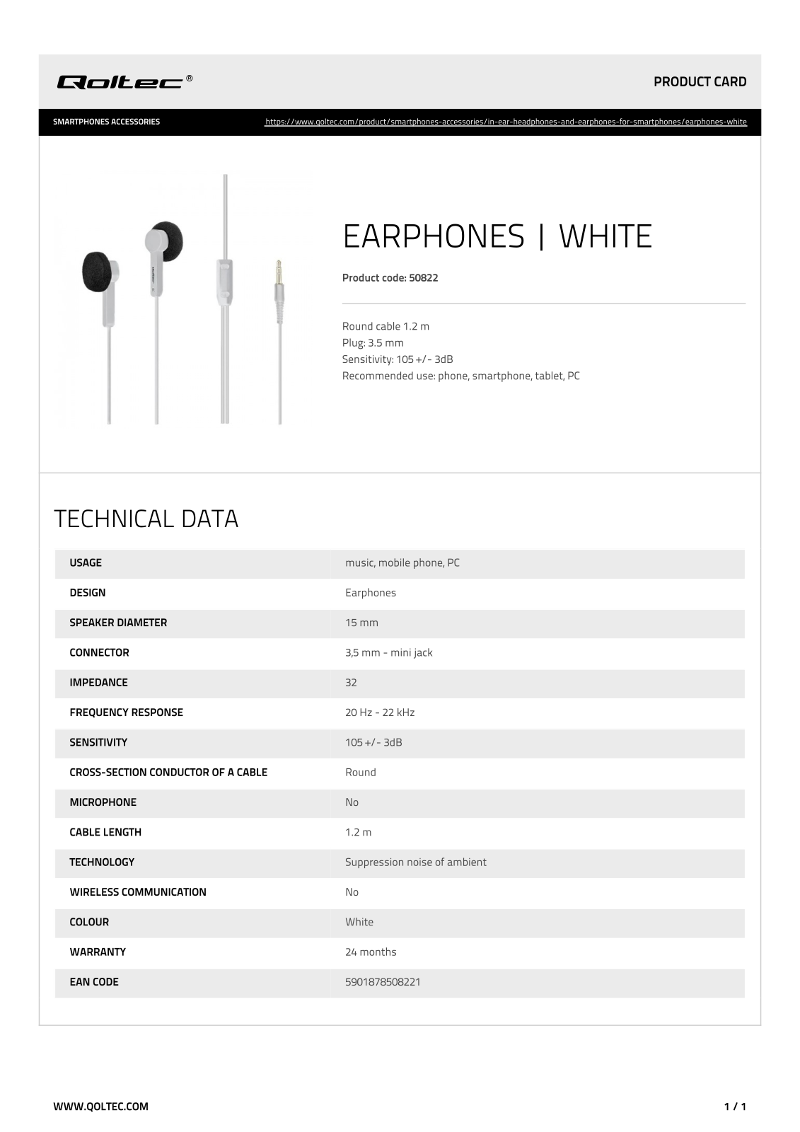 Qoltec 50822 Technical data