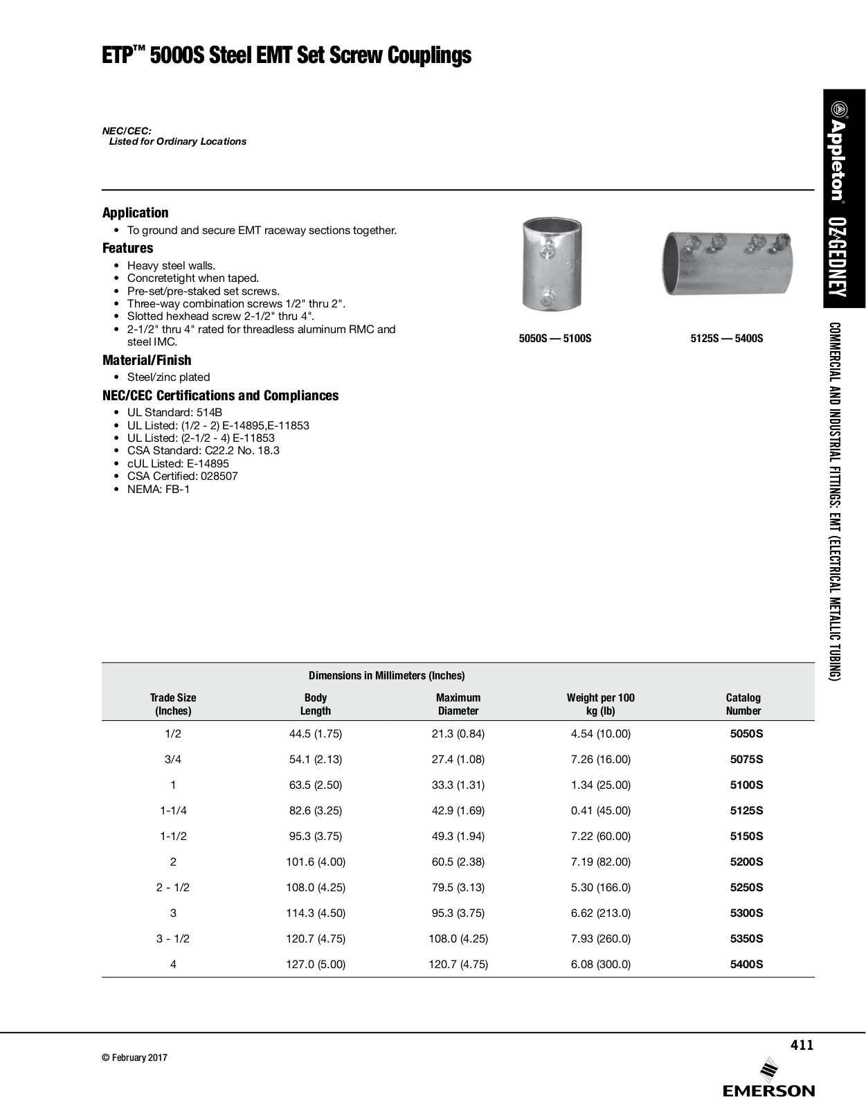 Appleton 5000S Steel EMT Set Screw Couplings Catalog Page