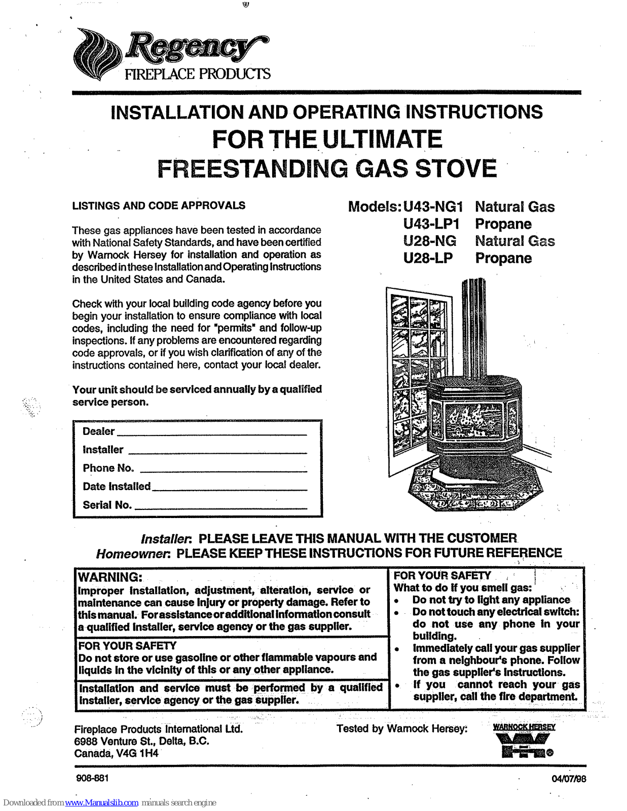 Regency U43-NG1, U28-NG, U43-LP1, U28-LP Installation And Operating Instructions Manual