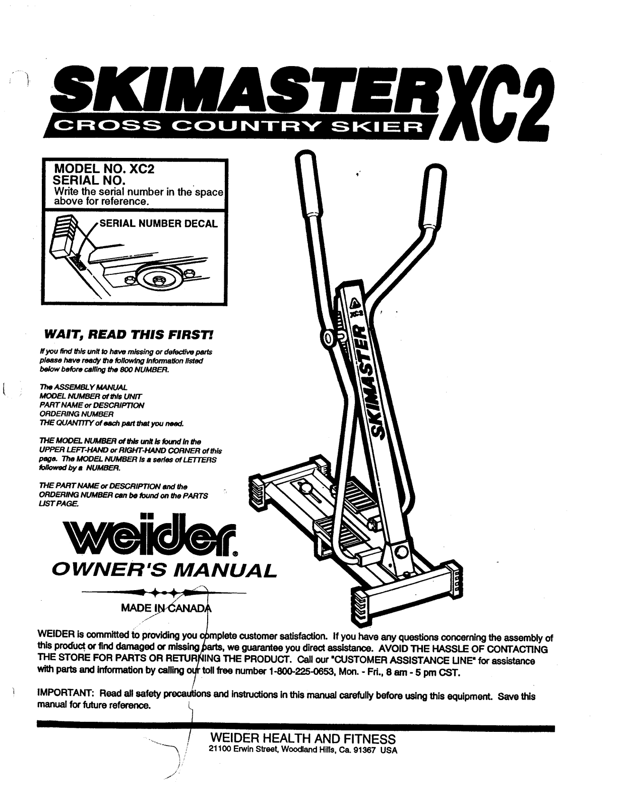 Weider SKIMASTER XC2 Owner's Manual